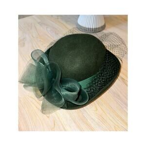 Vintage DEBORAH New York Green Chic Brimmed Flapper Fancy Wool Fabric Hat USA